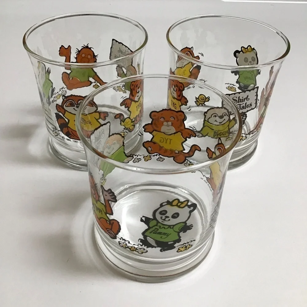 Shirt Tales Juice Glasses SET OF 3 Pammy Rick Tyg Cartoon ‘82 Hallmark Vintage